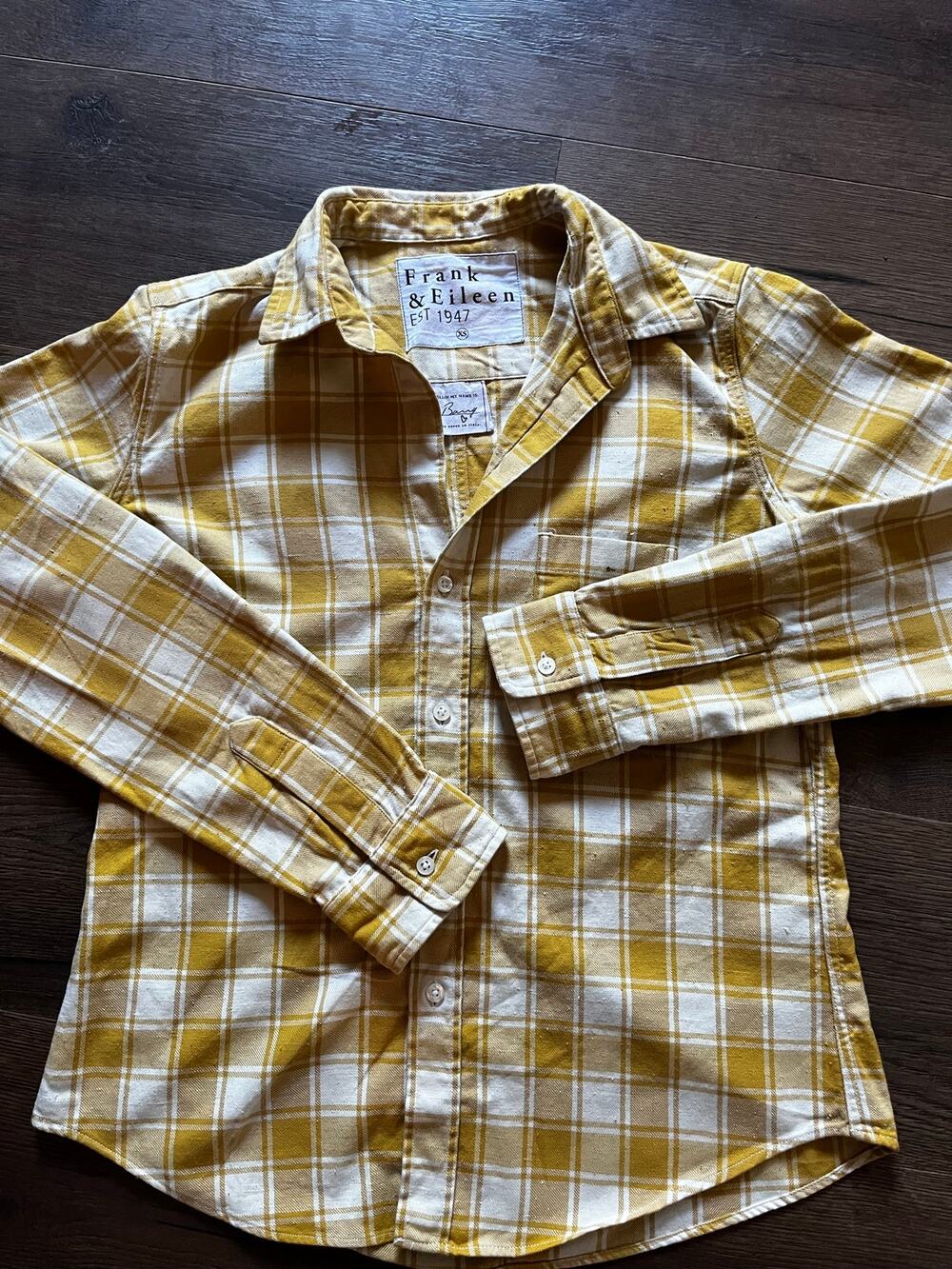 Frank & Eileen Barry Shirt XS Mustard Yellow Plaid Italian Cotton Button Down